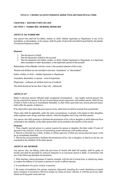 Title 8 – Crimes Against Persons, Book Two, Revised Penal Code.